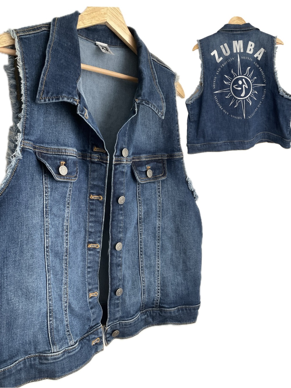 Zumba Wear XXLovely Classic Blue Denim Vest with Sun Graphic Logo in Back